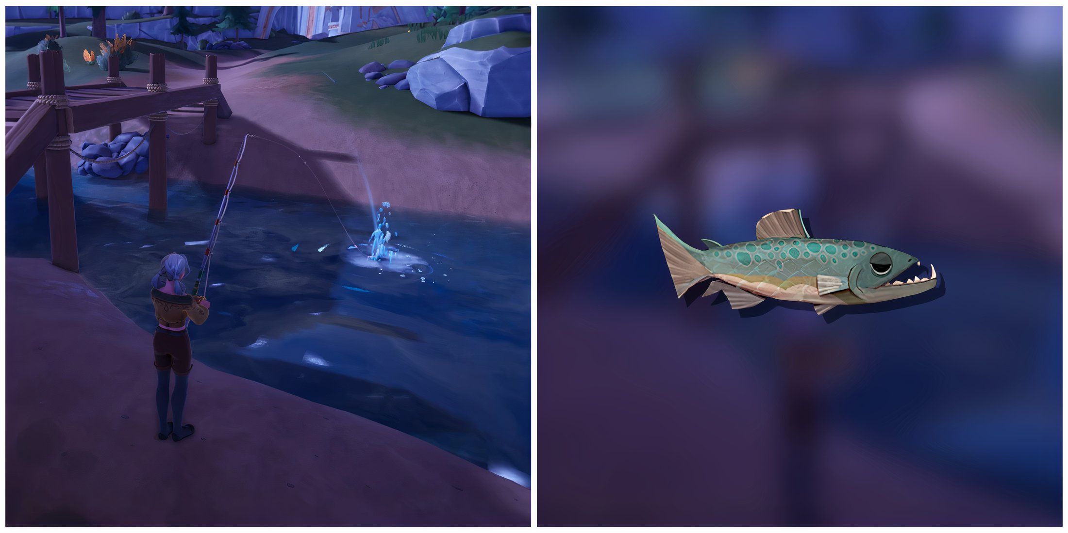 Split image of a character fishing and a Cutthroat Trout in Palia