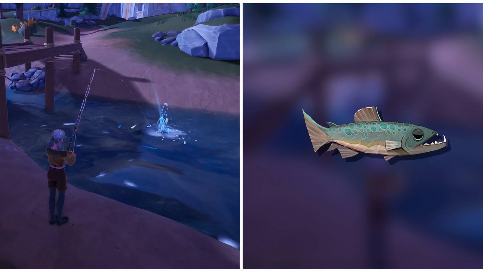 Split image of a character fishing and a Cutthroat Trout in Palia