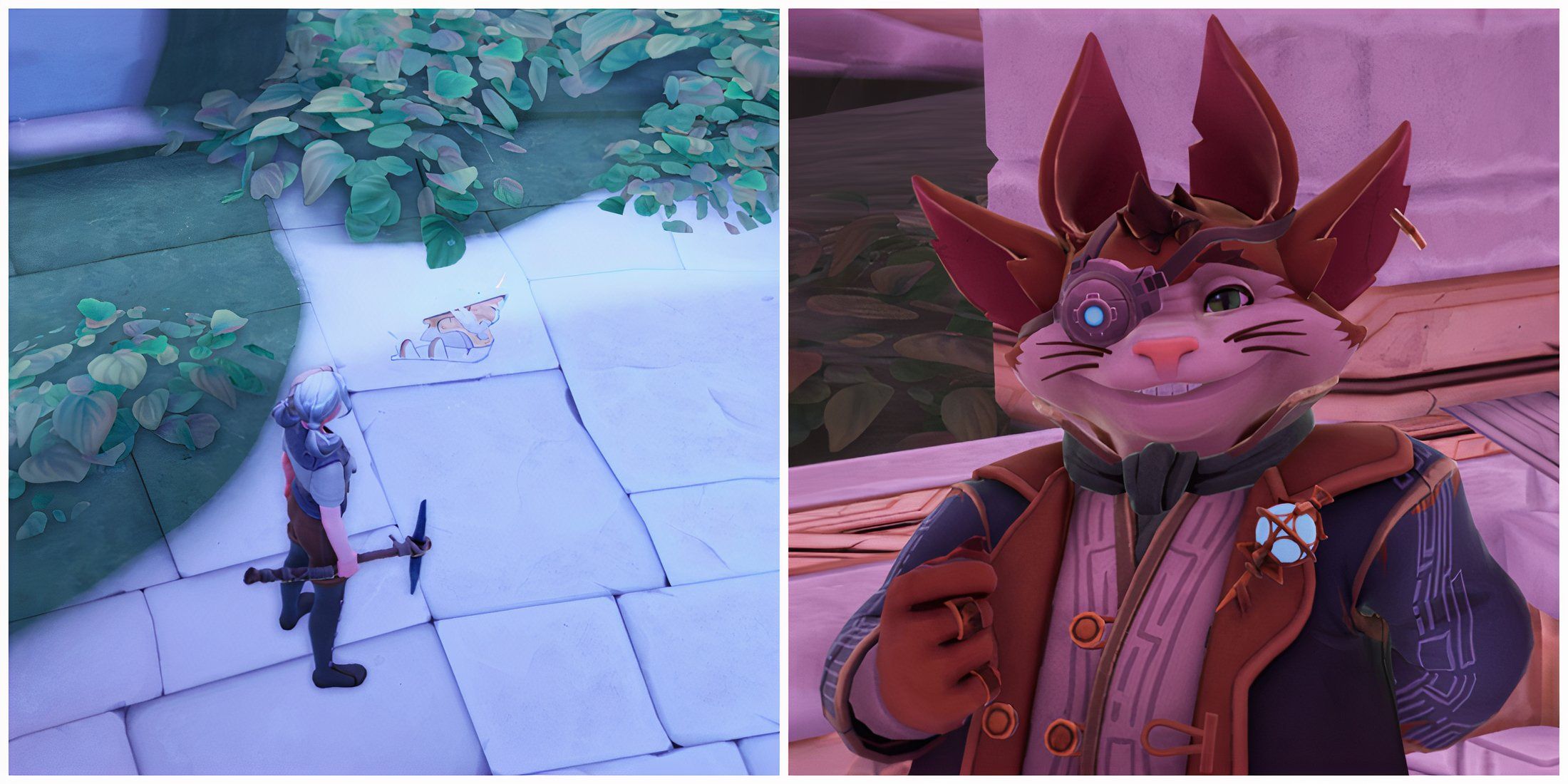 Split image of the Flow Generator Fragment and Zeki in the Eye of the Storm quest in Palia