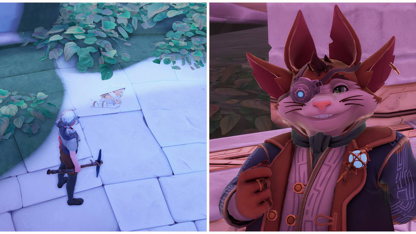 Split image of the Flow Generator Fragment and Zeki in the Eye of the Storm quest in Palia