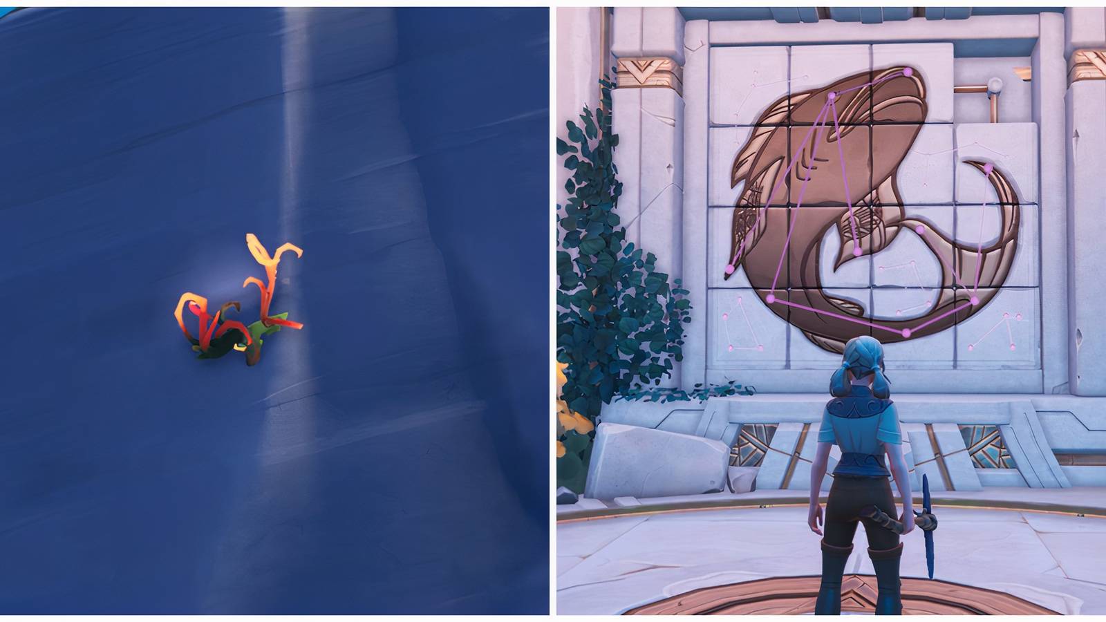 Split image of a heat root and the Vault of Roots in Palia