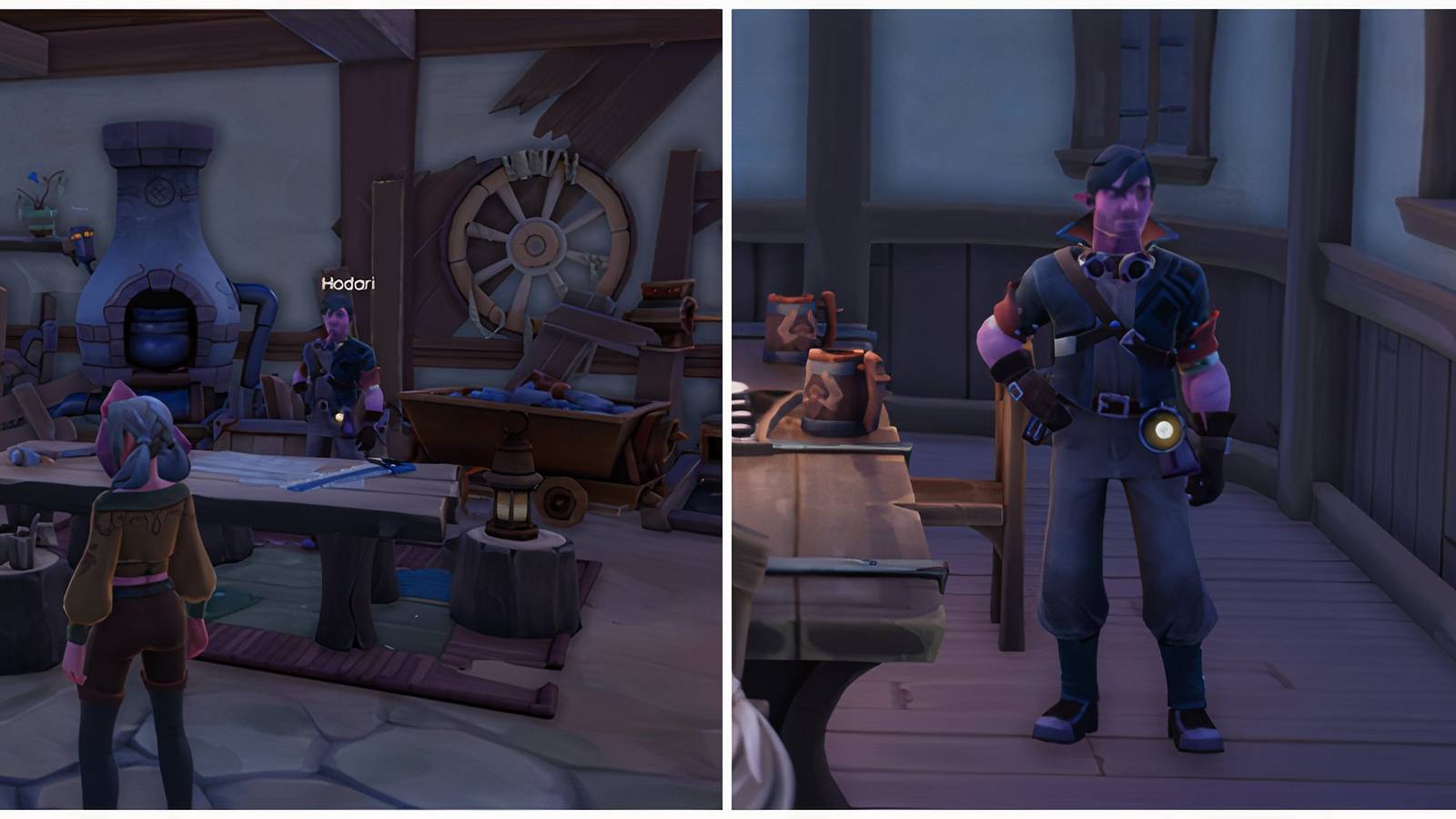 Split image of Hodari in his workshop and at the tavern in Palia