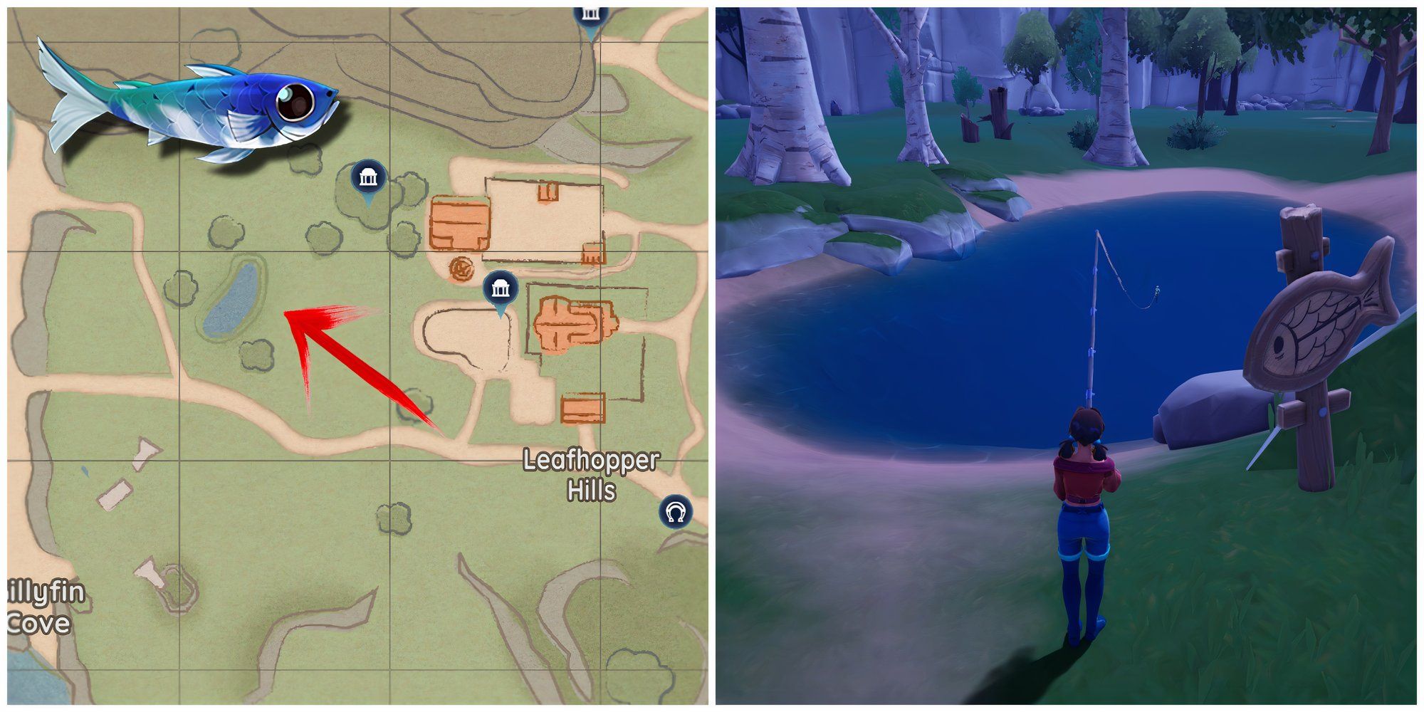 The area of the map called Leafhopper Hills and a player fishing there