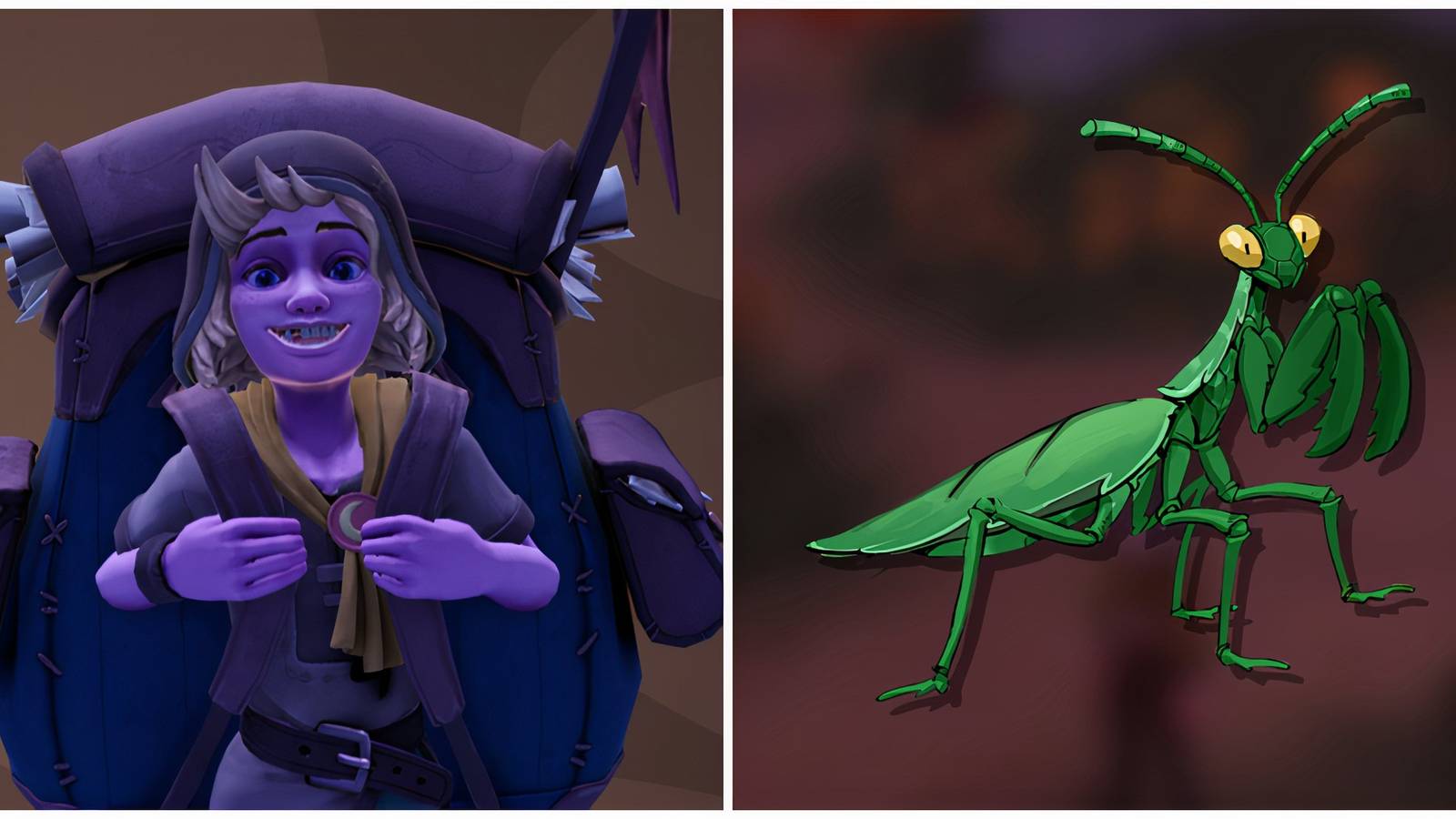 Split image of Auni and a Leafstalker Mantis in Palia