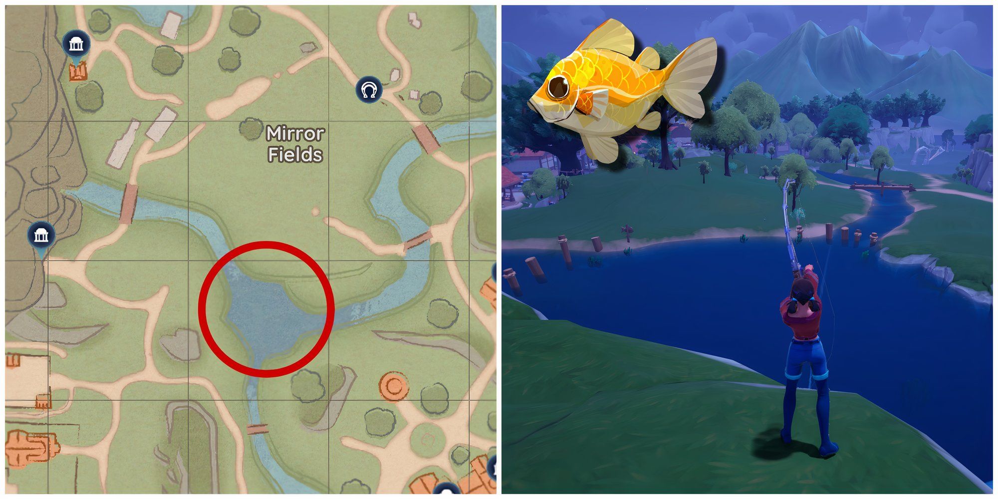 The map of the Mirror Fields Pond and a player fishing there