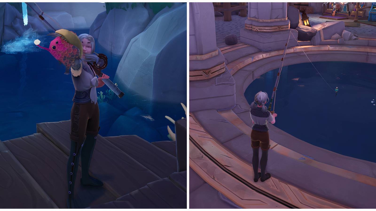 Split image of a Mutated Angler and a character fishing in Palia