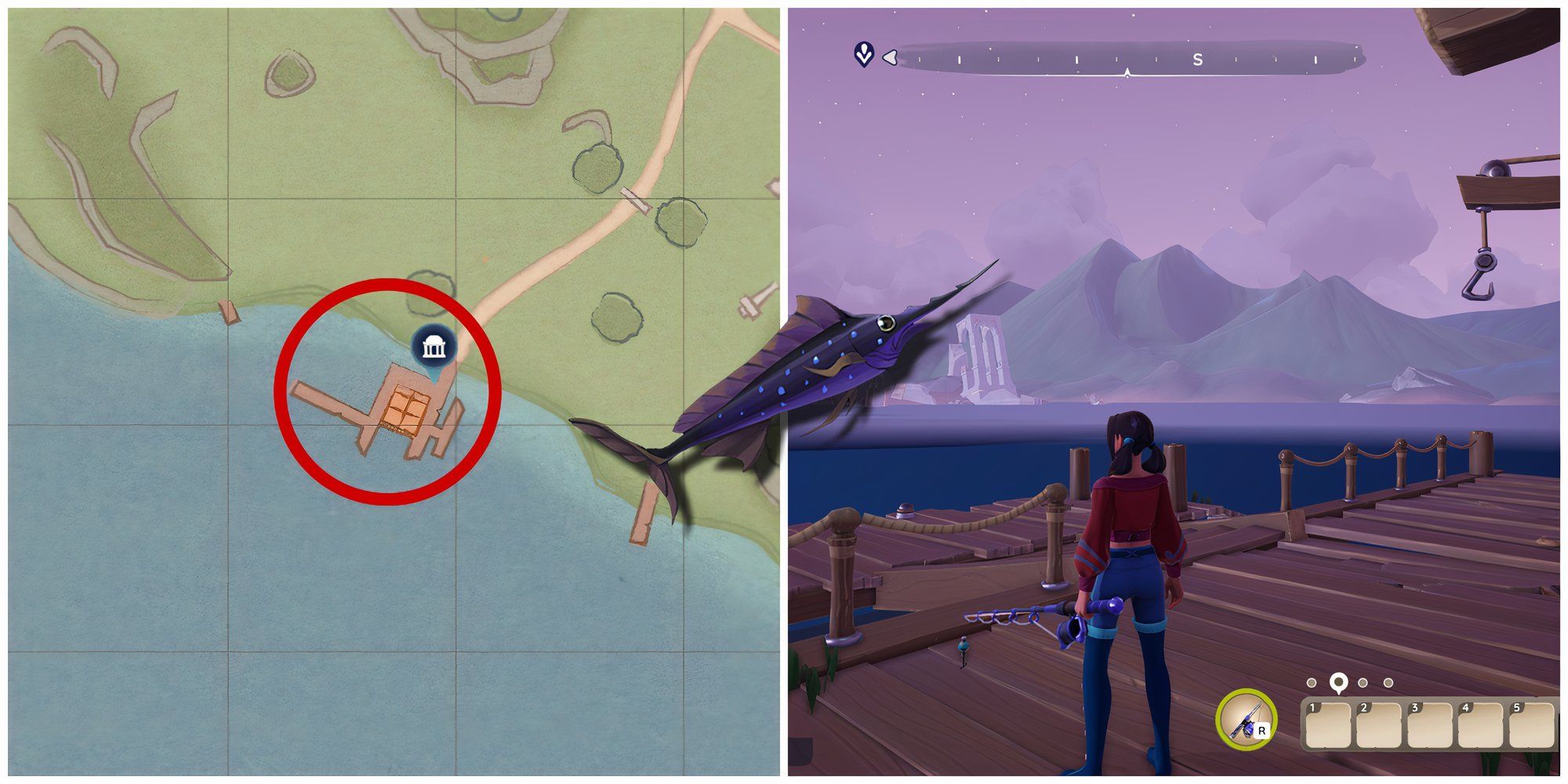 The area of the Outer Docks/Boat House circled on a map and a player catching there