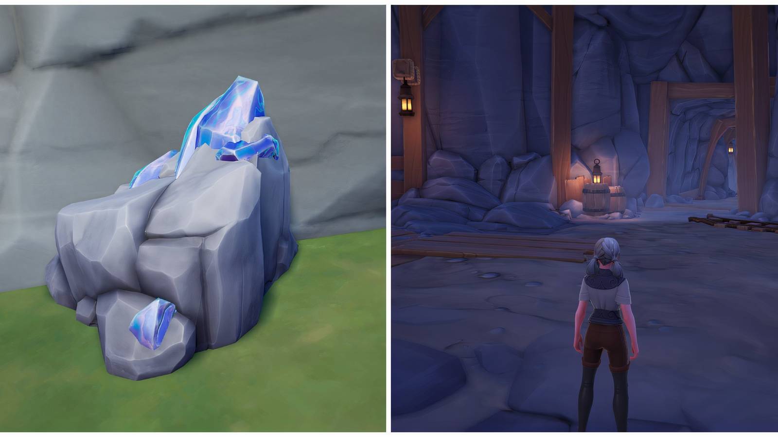 Split image of some palium ore and a character in the Pavel Mines in Palia