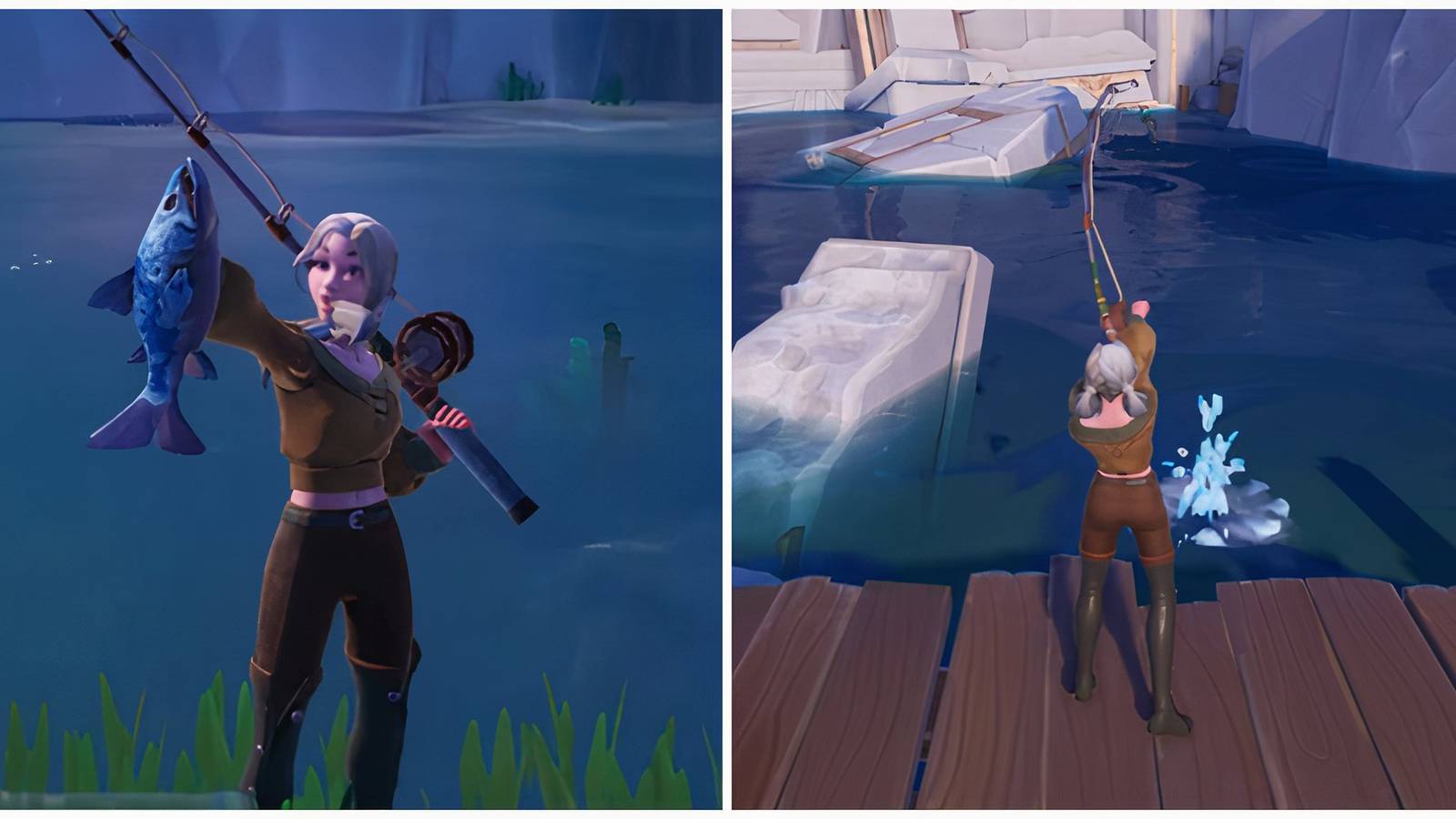 Split image of a silver salmon after being caught and a character reeling in a fish in Palia