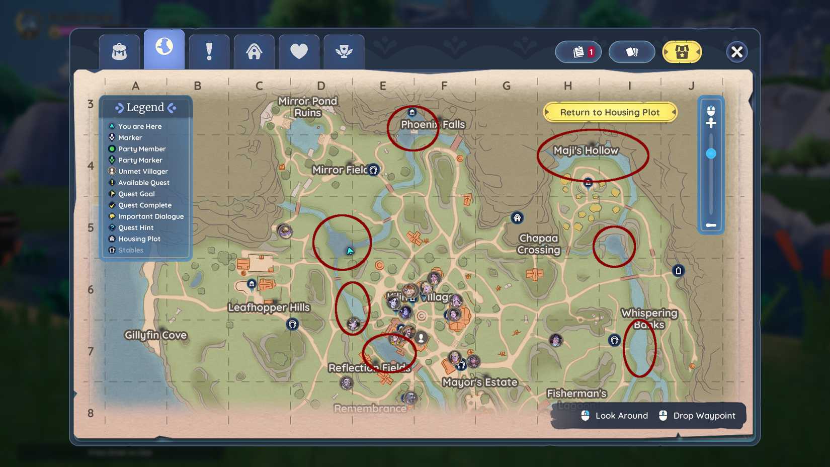 Image of the locations on the map of the rivers with silver salmon in Palia