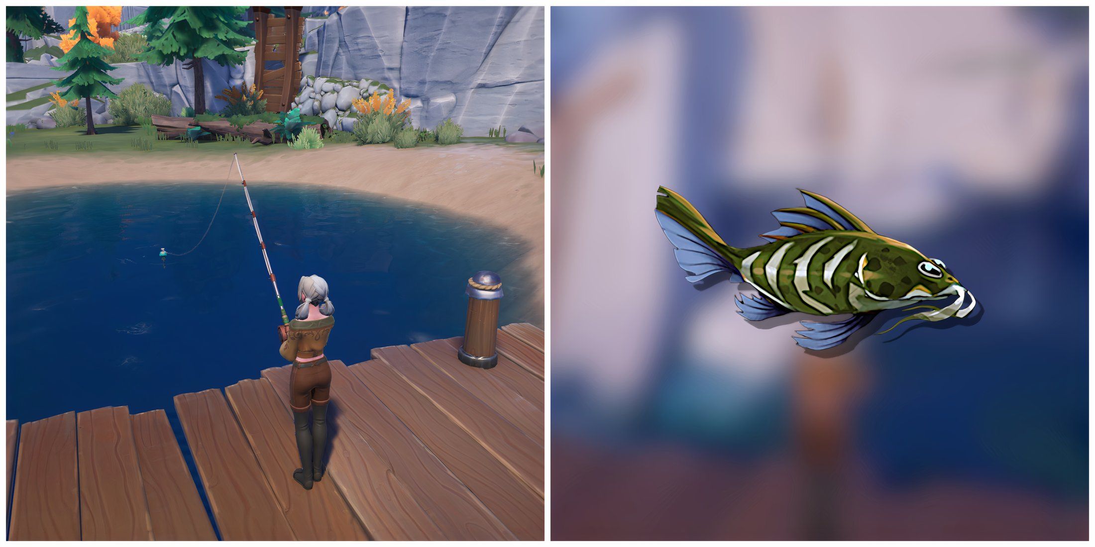 Split image of a character fishing and a Stalking Catfish in Palia