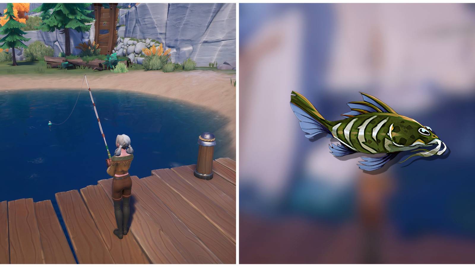Split image of a character fishing and a Stalking Catfish in Palia