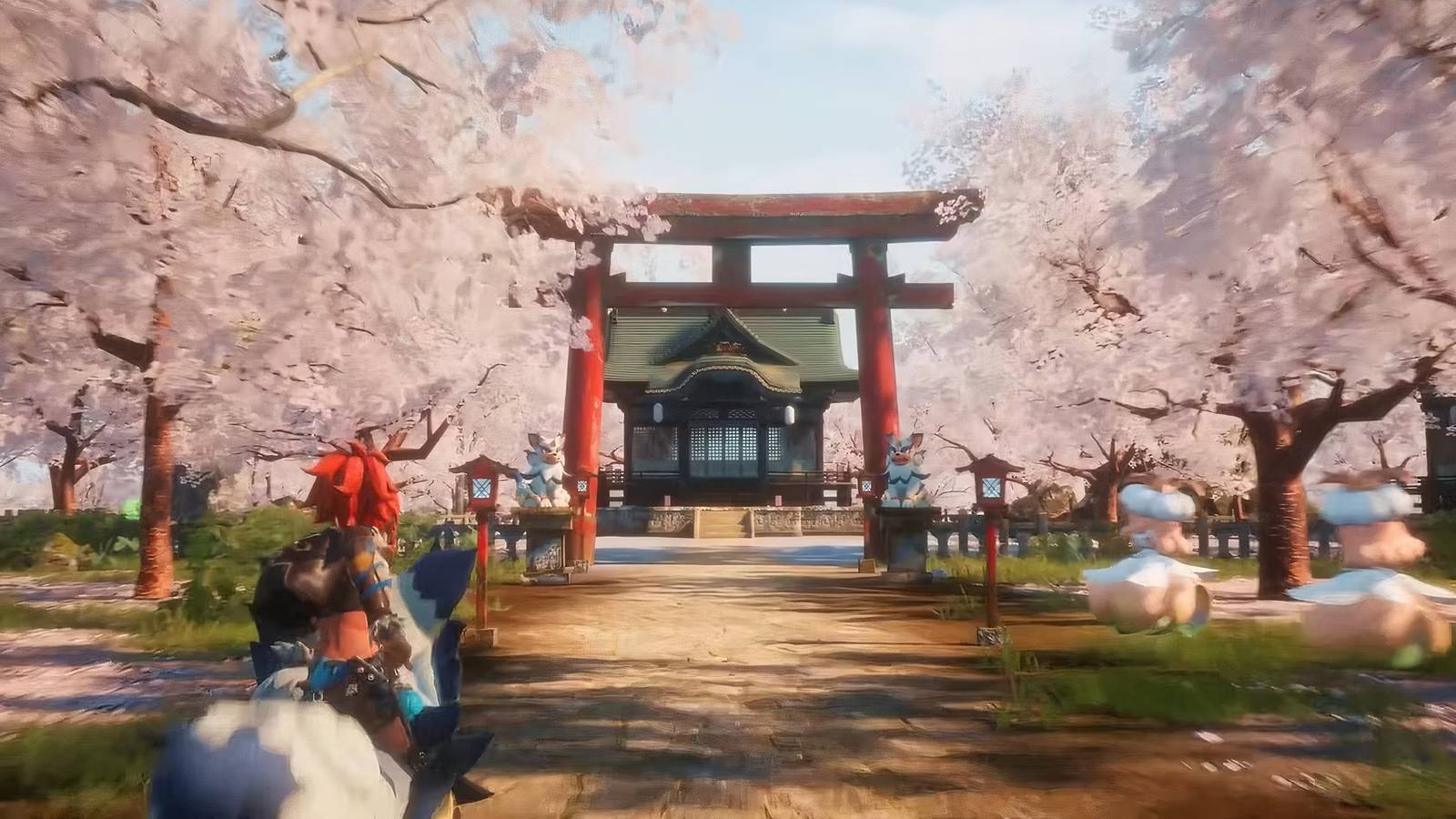 Palworld player rides towards temple in Sakurajima Update