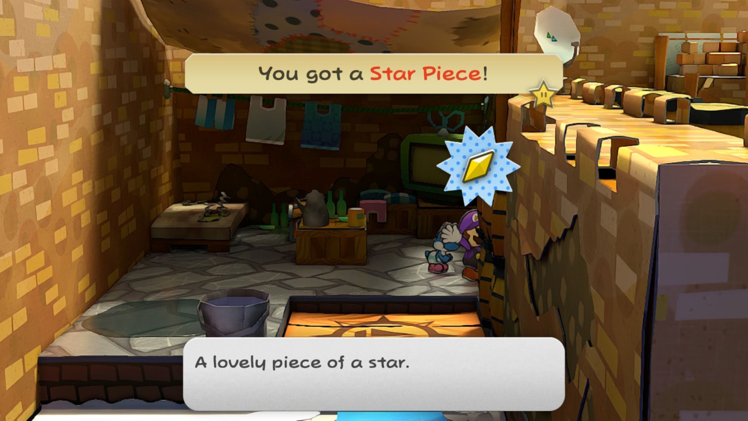 Image of a star piece behind a barrel in a hidden house in Paper Mario TTYD