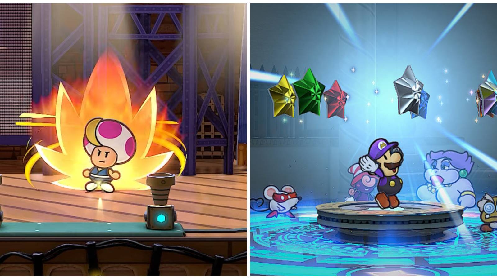 Split image of Prince Mush in battle and Mario returning all the crystal stars in Paper Mario TTYD
