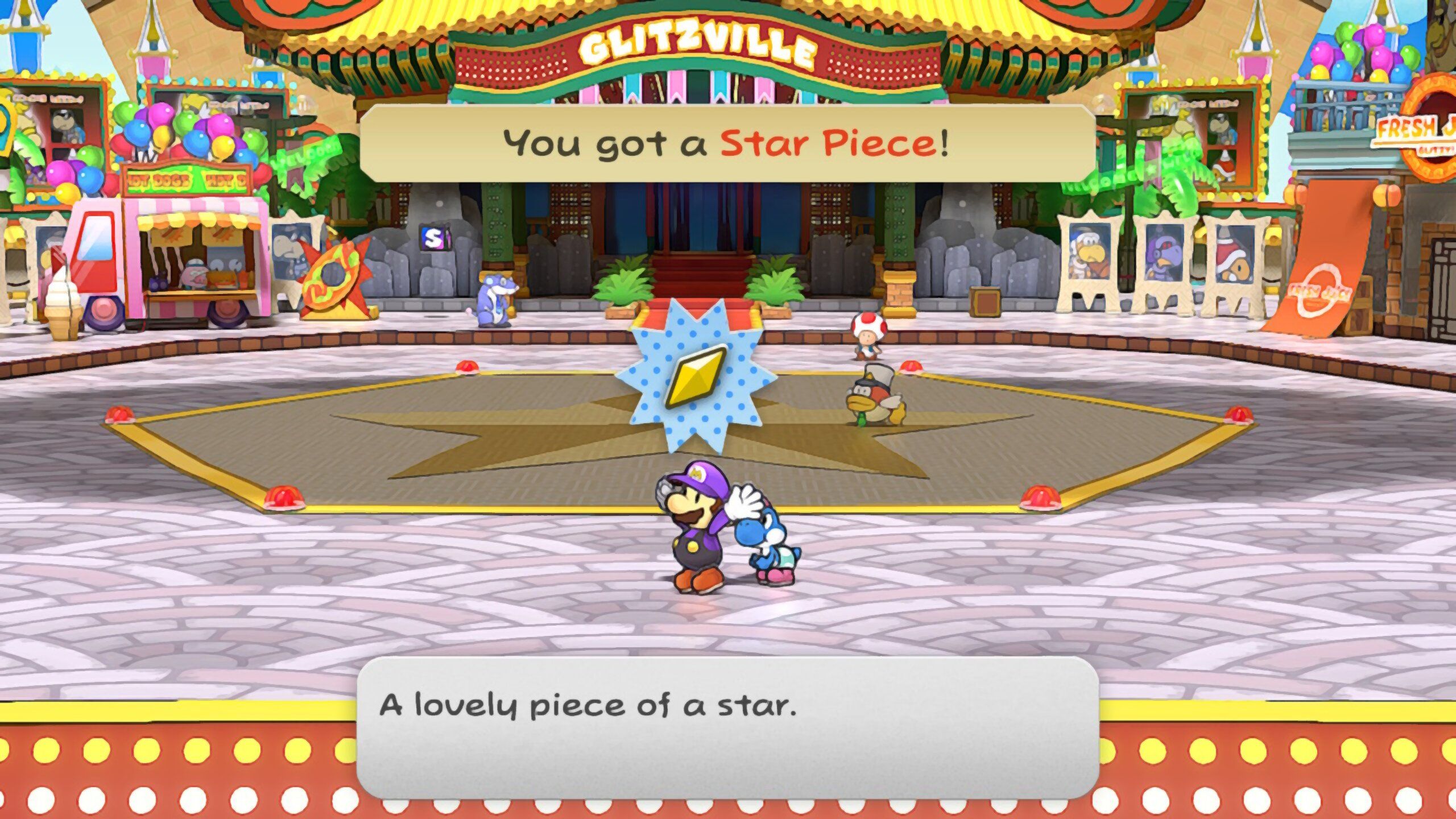 Image of a star piece in the main center of Glitzville in Paper Mario TTYD