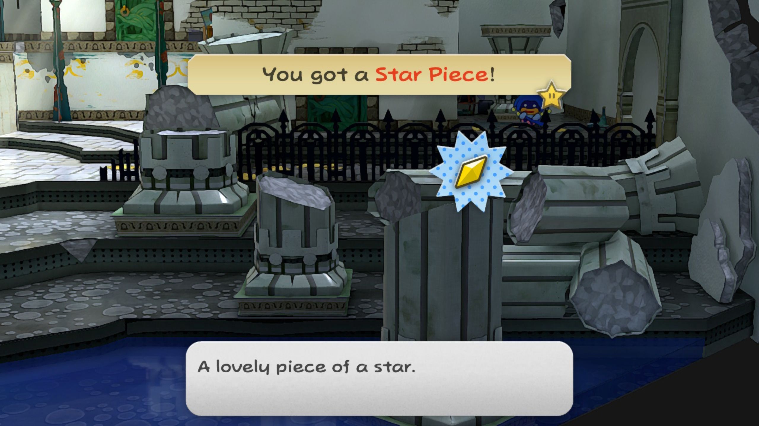 Image of a star piece behind some broken pillars in Paper Mario TTYD