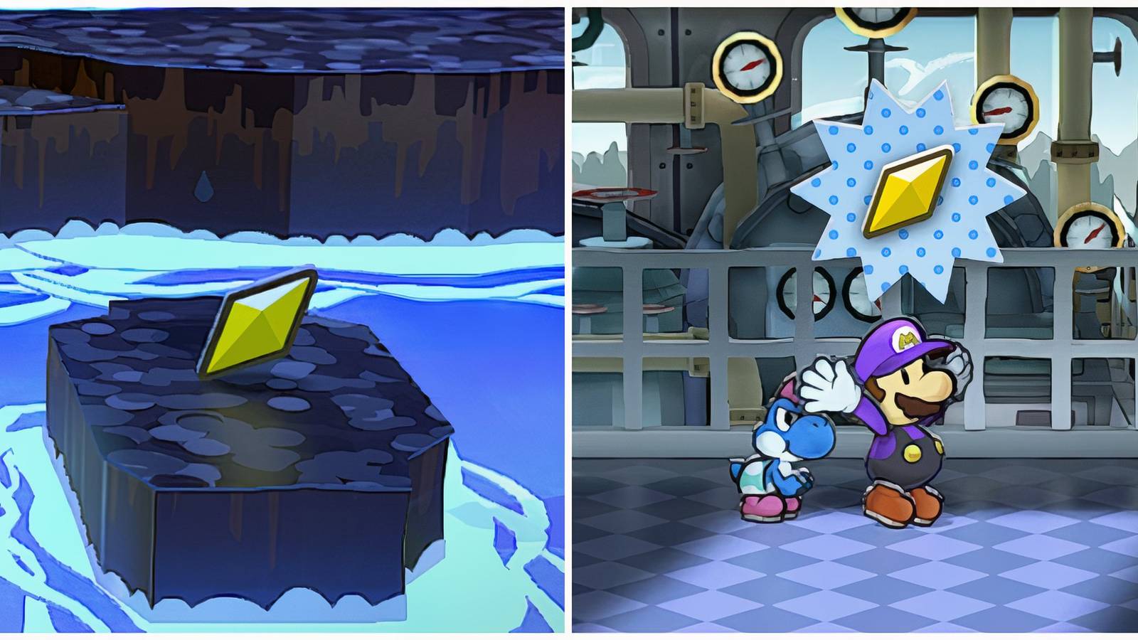 Split image of a star piece on a platform and Mario holding a star piece in Paper Mario TTYD