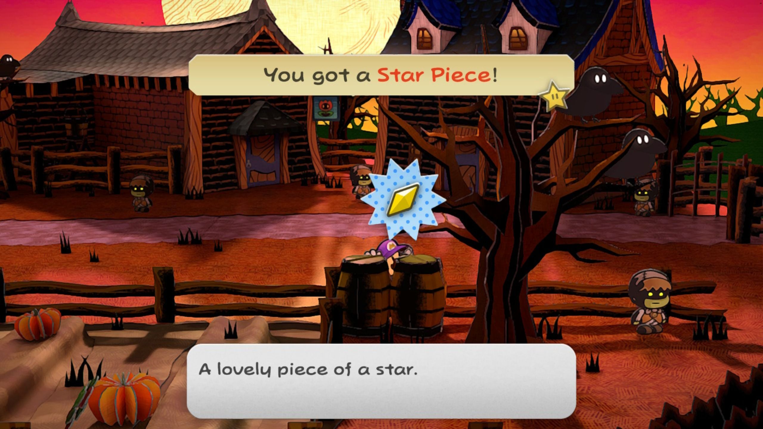 Image of a star piece behind a barrel in twilight town in Paper Mario TTYD