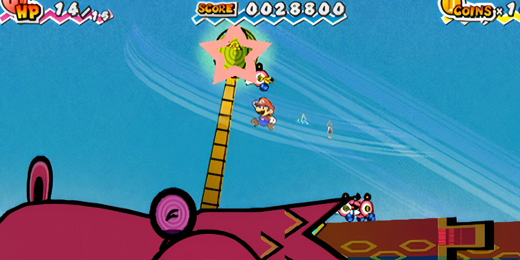 mario jumping across the back of a dragon in super paper mario