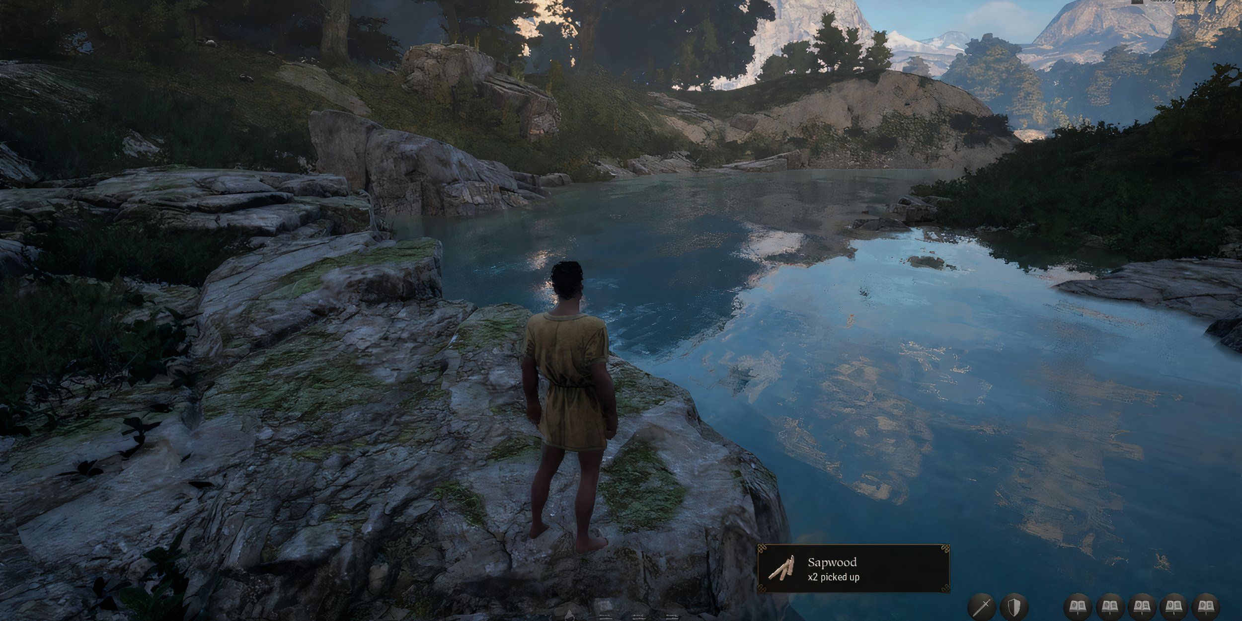 A player standing near a river in Pax Dei