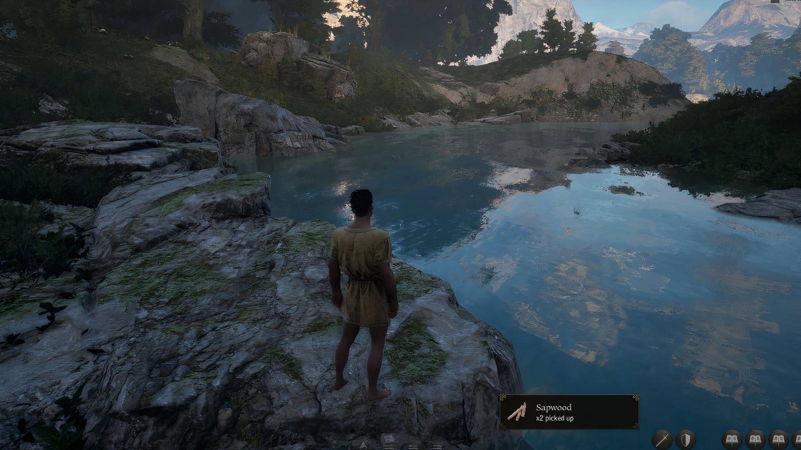 A player standing near a river in Pax Dei