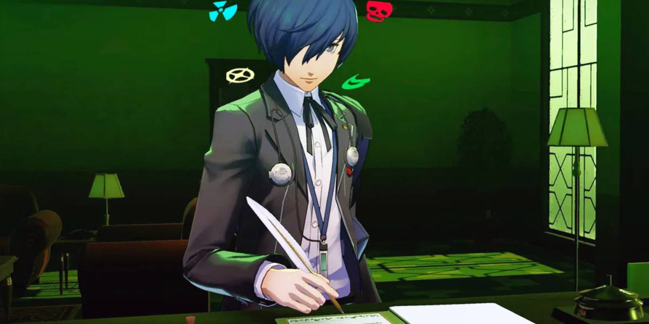 Persona 3 Reload's protagonist signing the contract while elemental symbols float around his head