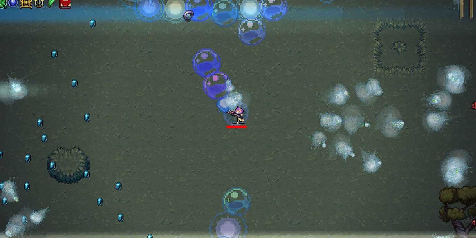 Combining the Phas3r, Mille Bolle Blu, and Bracelet weapons in Vampire Survivors