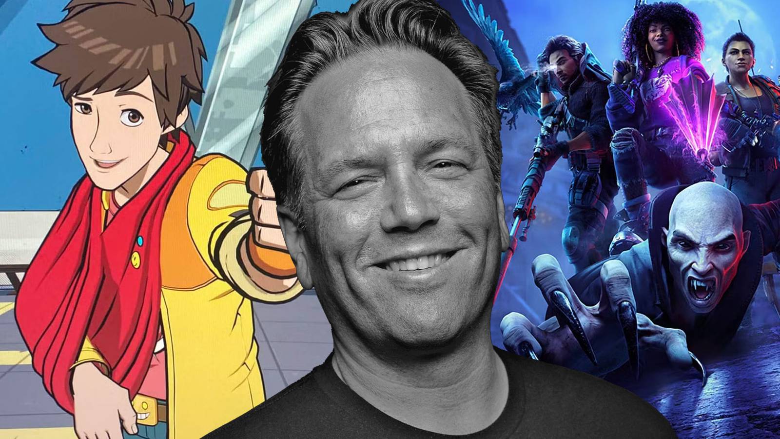 Promotional images from Hi-Fi Rush and Redfall, with a black-and-white image of Phil Spencer placed between them.