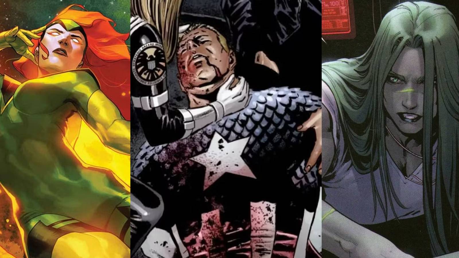 Phoenix flying through the air, Steve Rogers after being shot, and She-Hulk waking up in the hospital in Marvel Comics