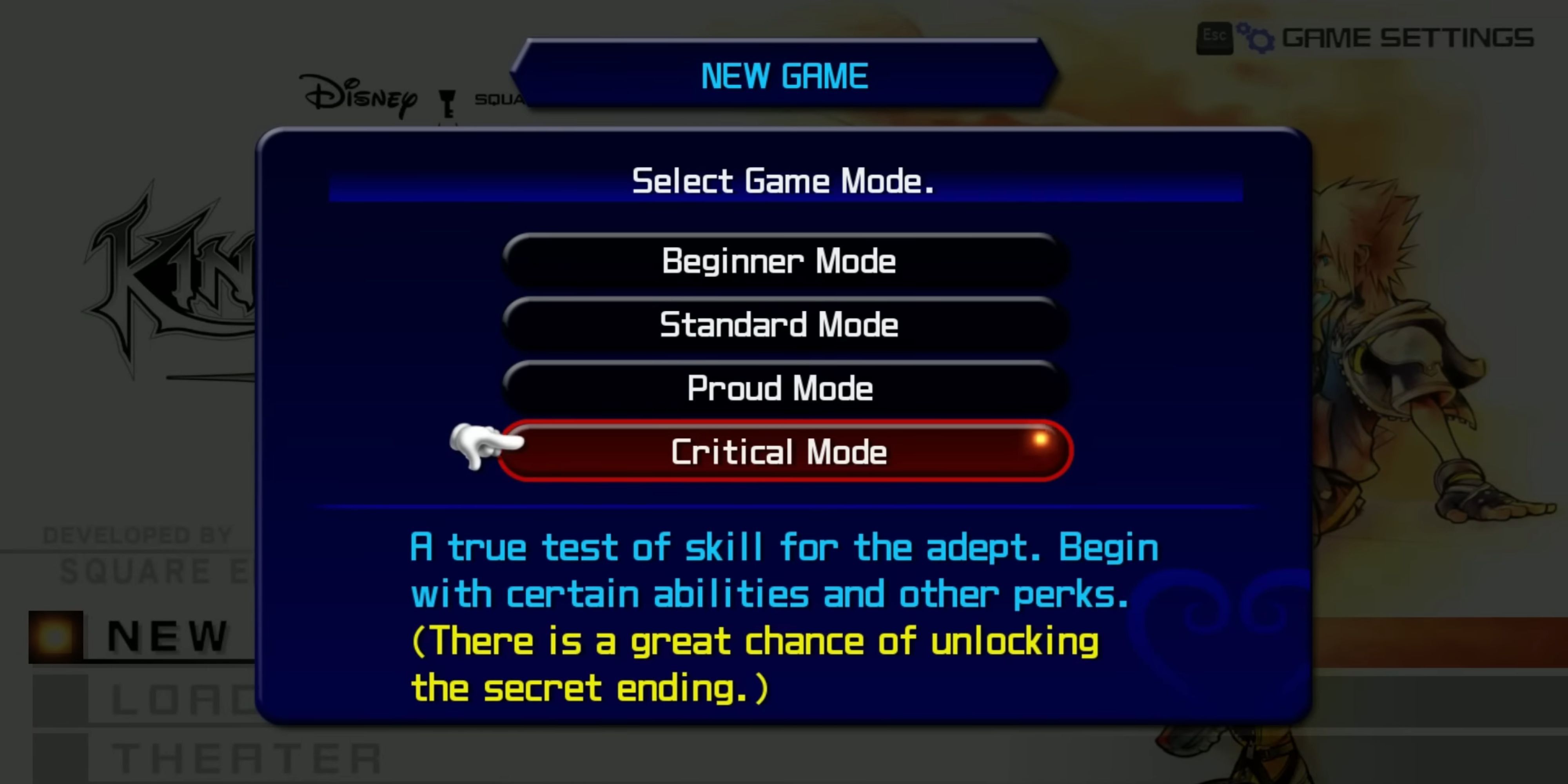 Picking Critical Mode in the Title Screen.