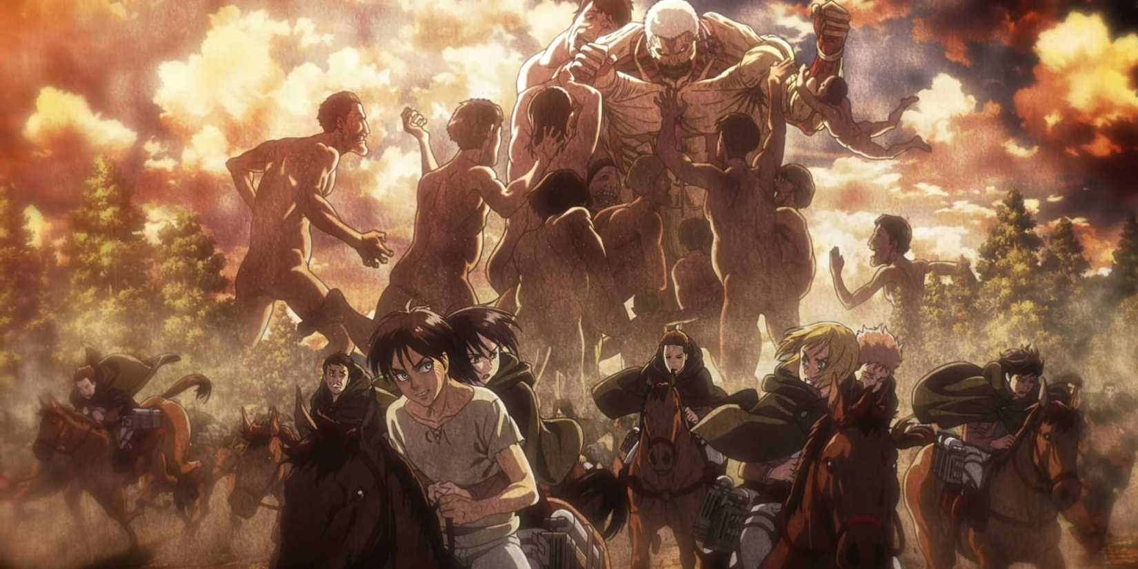 Eren and Mikasa run away in Attack on Titan