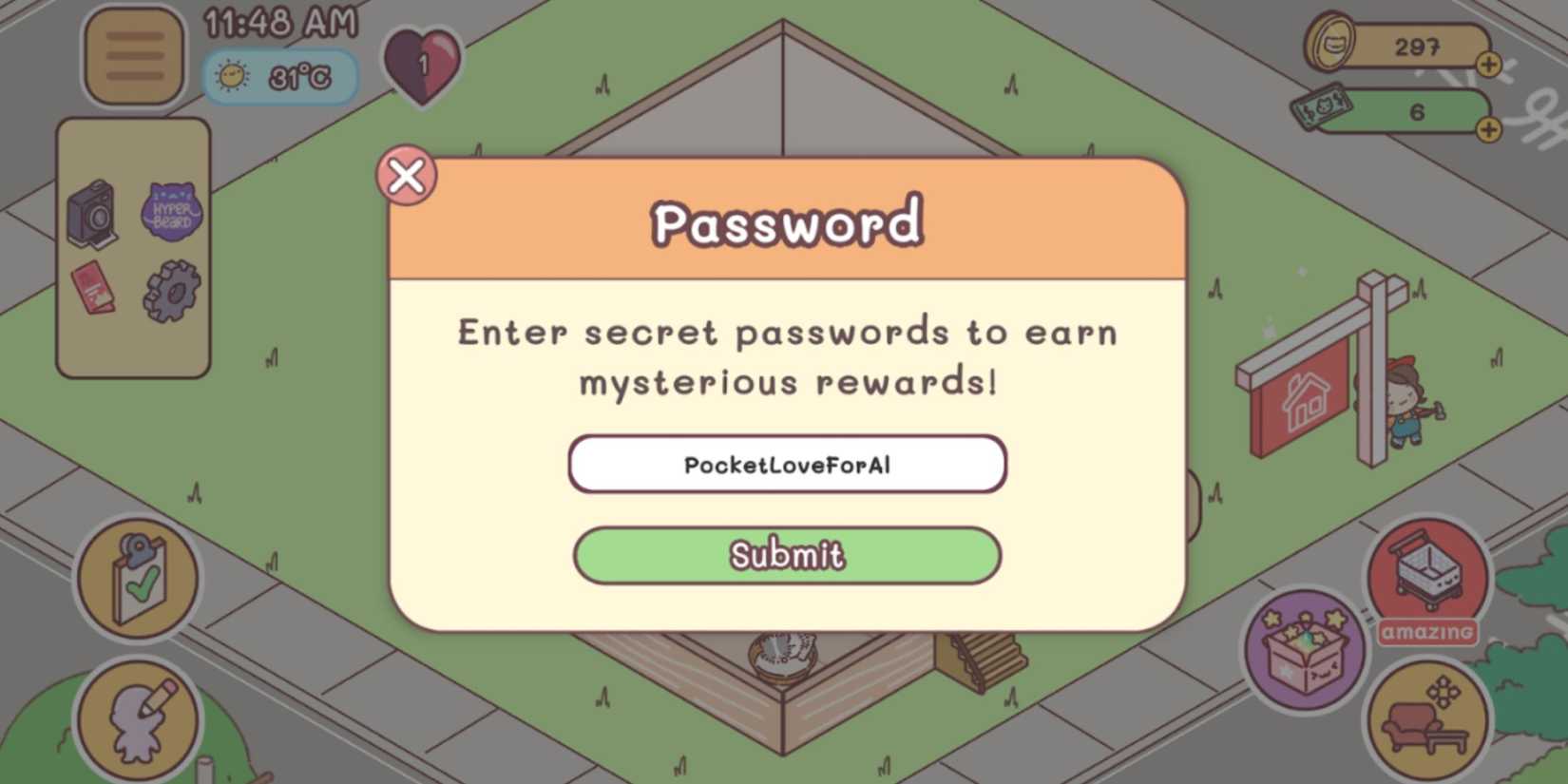 Pocket Love the codes tab