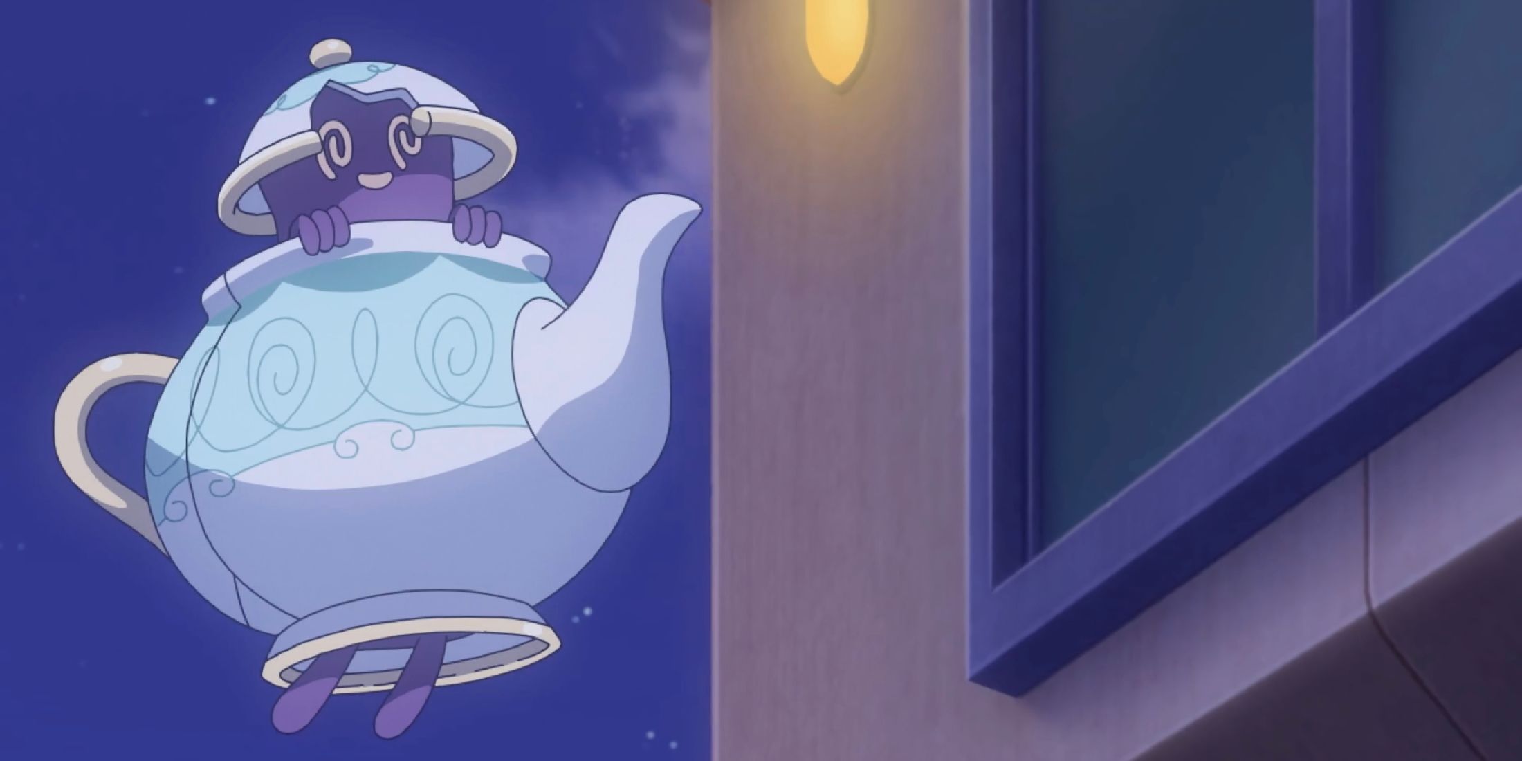 A screenshot from the Pokemon anime featuring Polteageist