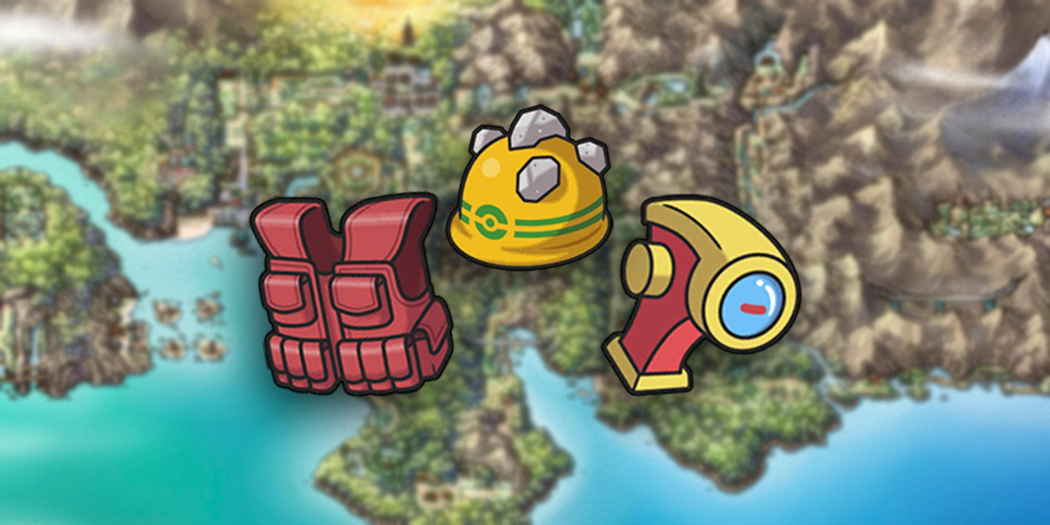 The Assault Vest, Rocky Helmet, and Zoom Lens in front of the Johto Pokemon Region