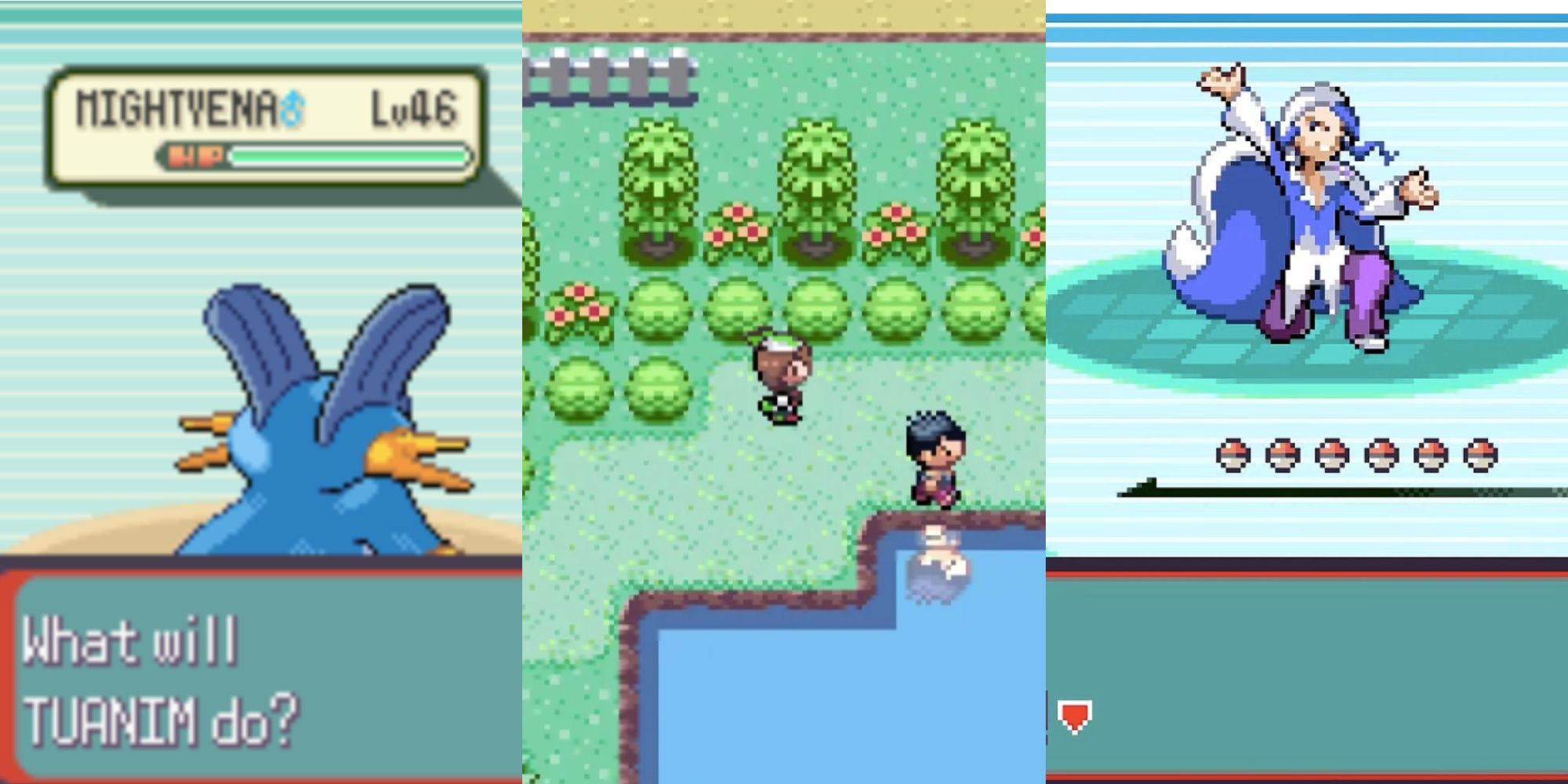 Collage of Gameplay Of Pokemon Emerald Showing Swampert In Battle, The Trainer Protagonist On A Route, and Wallace Entering Battle