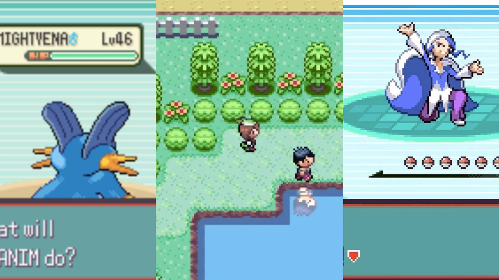 Collage of Gameplay Of Pokemon Emerald Showing Swampert In Battle, The Trainer Protagonist On A Route, and Wallace Entering Battle