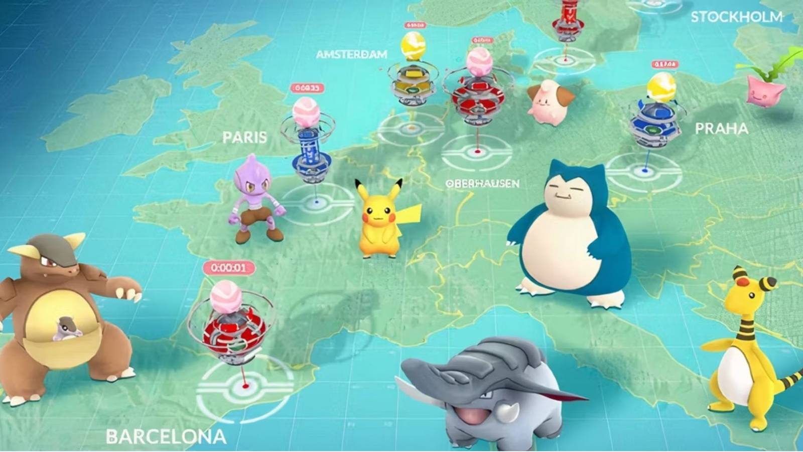 Pokemon Go screenshot showing different Pokemon defending the Gyms