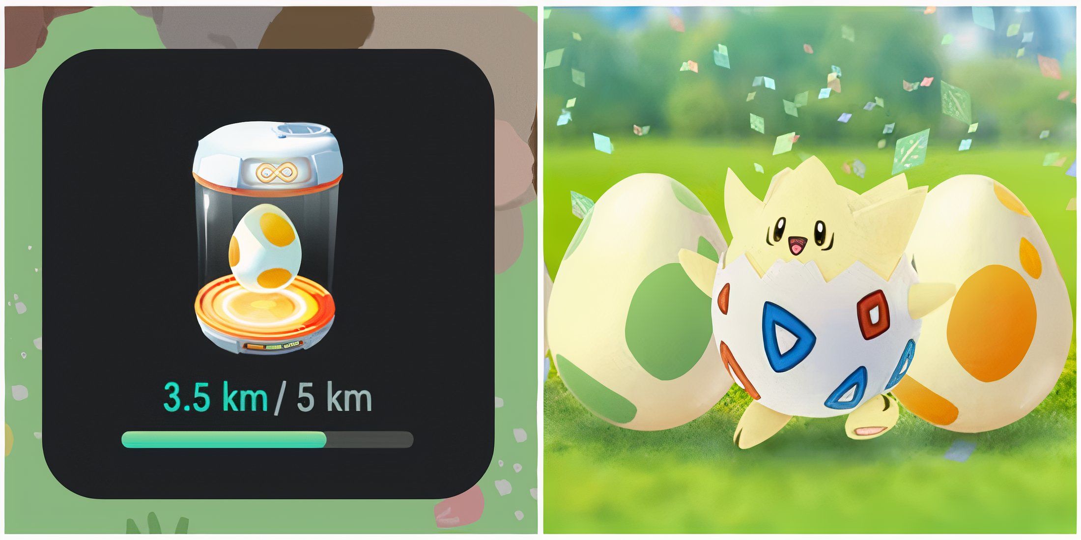 Split image of the Egg Hatching Widget and Togepi in Pokemon GO