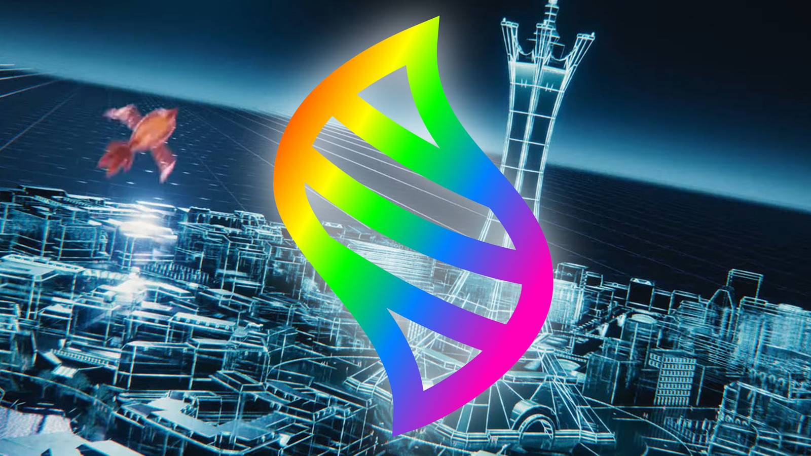 A promotional image for Pokemon Legends Z-A with a rainbow-colored Mega Evolution symbol placed in front of it.