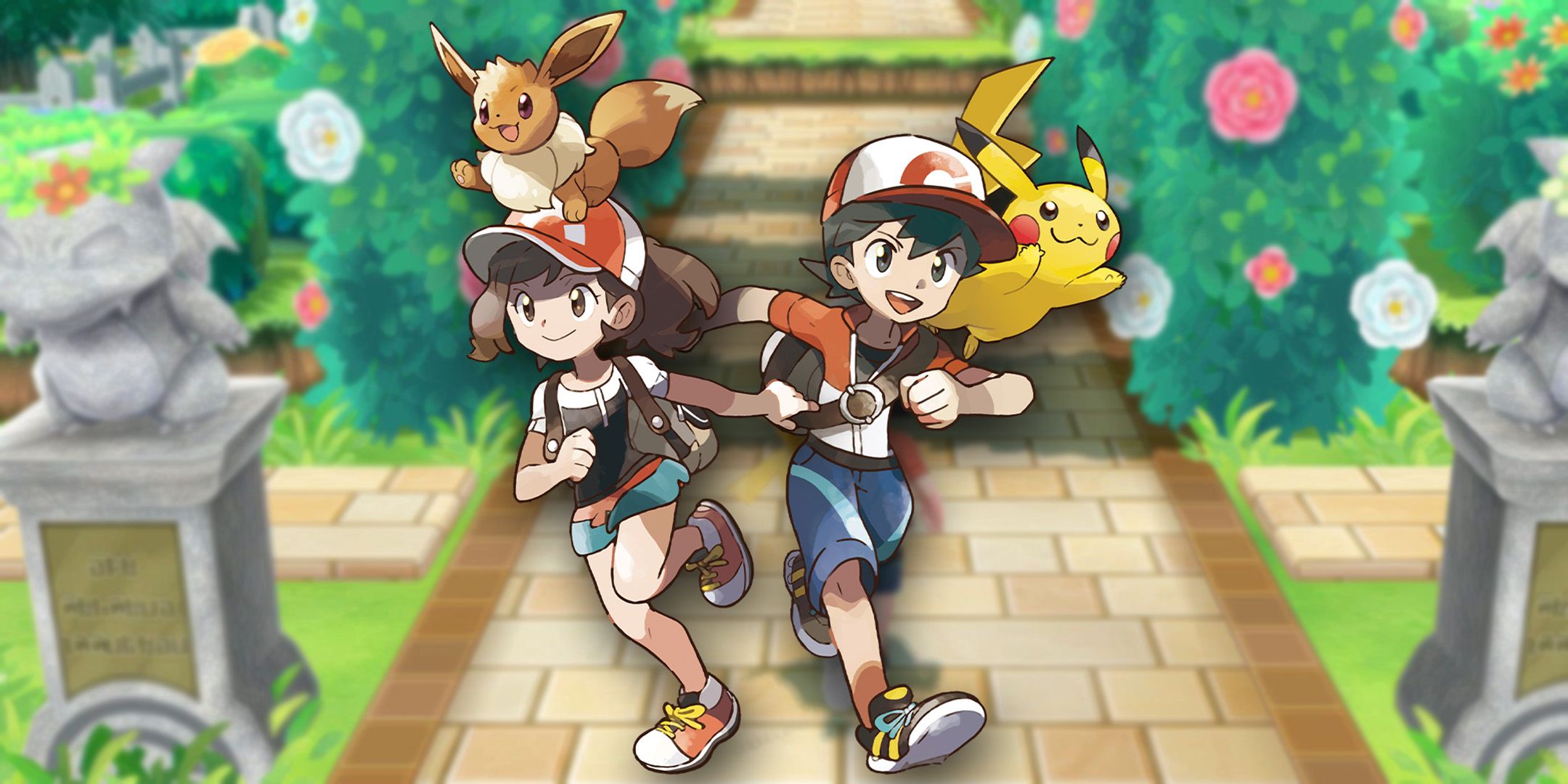 Pokemon Let's Go Boy and Girl trainers with Pikachu and Eevee running through the kanto grass gym