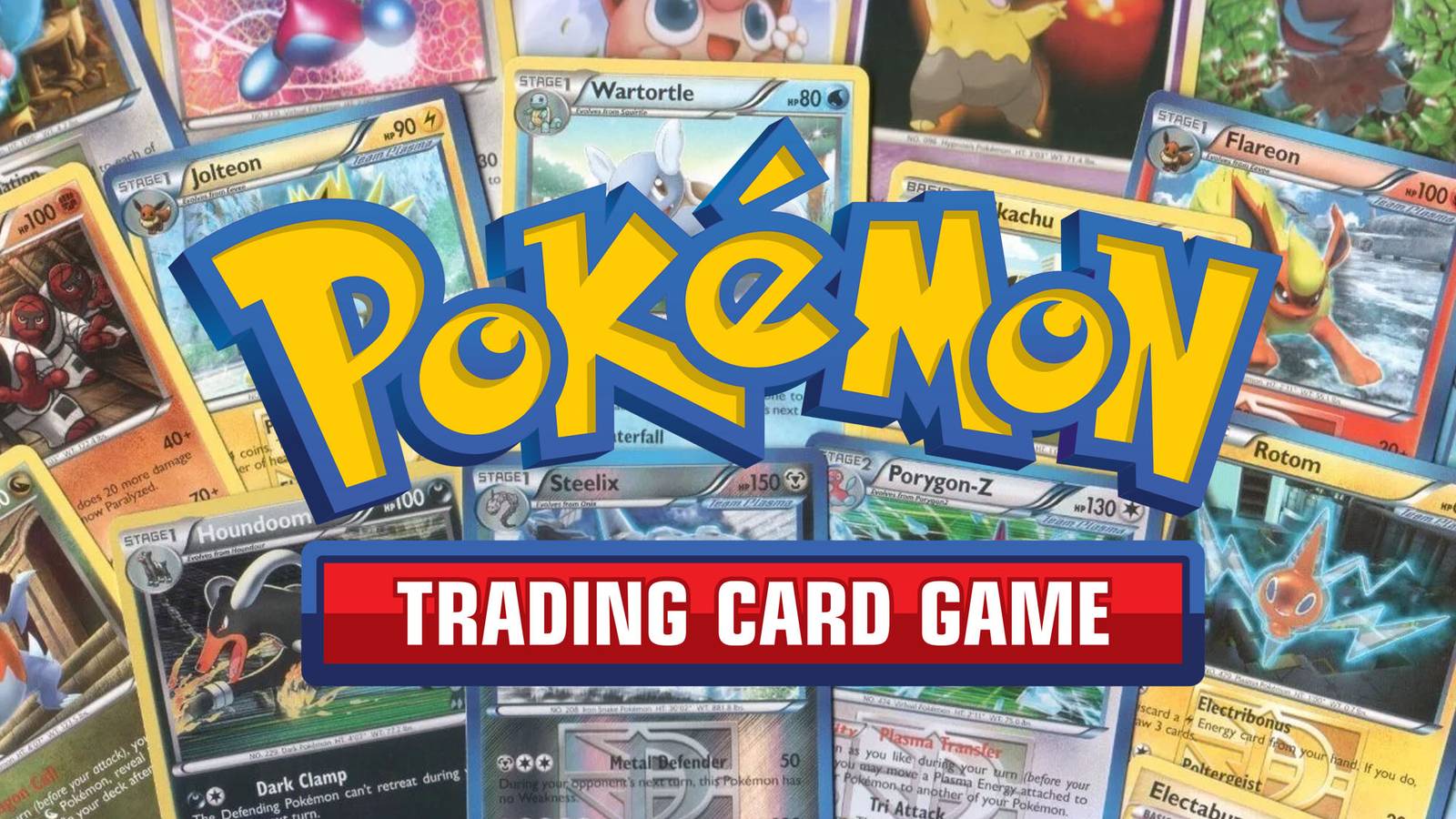 An image of various Pokemon cards with the Pokemon Trading Card Game logo placed in front.