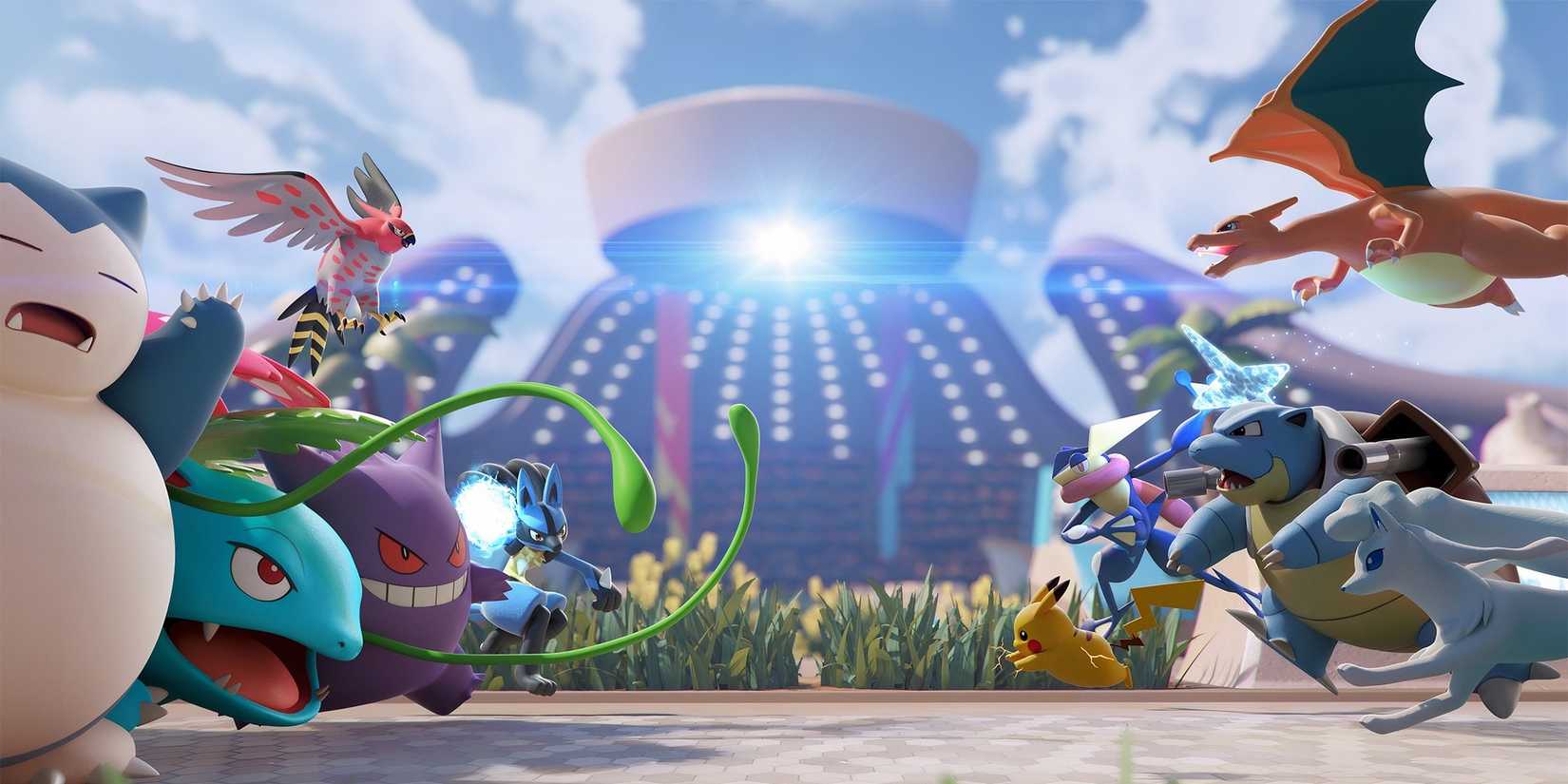 Pokemon Unite monsters battling including Snorlax, Venusaur, Gengar, Charizard, Greninja, Blastoise, Pikachu, Glaceon, Lucario, and Talonflame