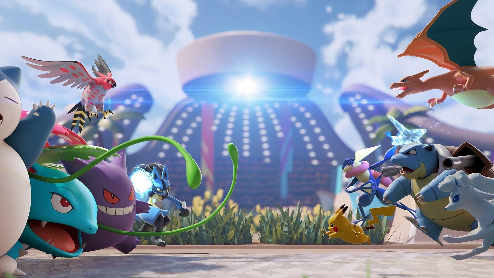 Pokemon Unite monsters battling including Snorlax, Venusaur, Gengar, Charizard, Greninja, Blastoise, Pikachu, Glaceon, Lucario, and Talonflame