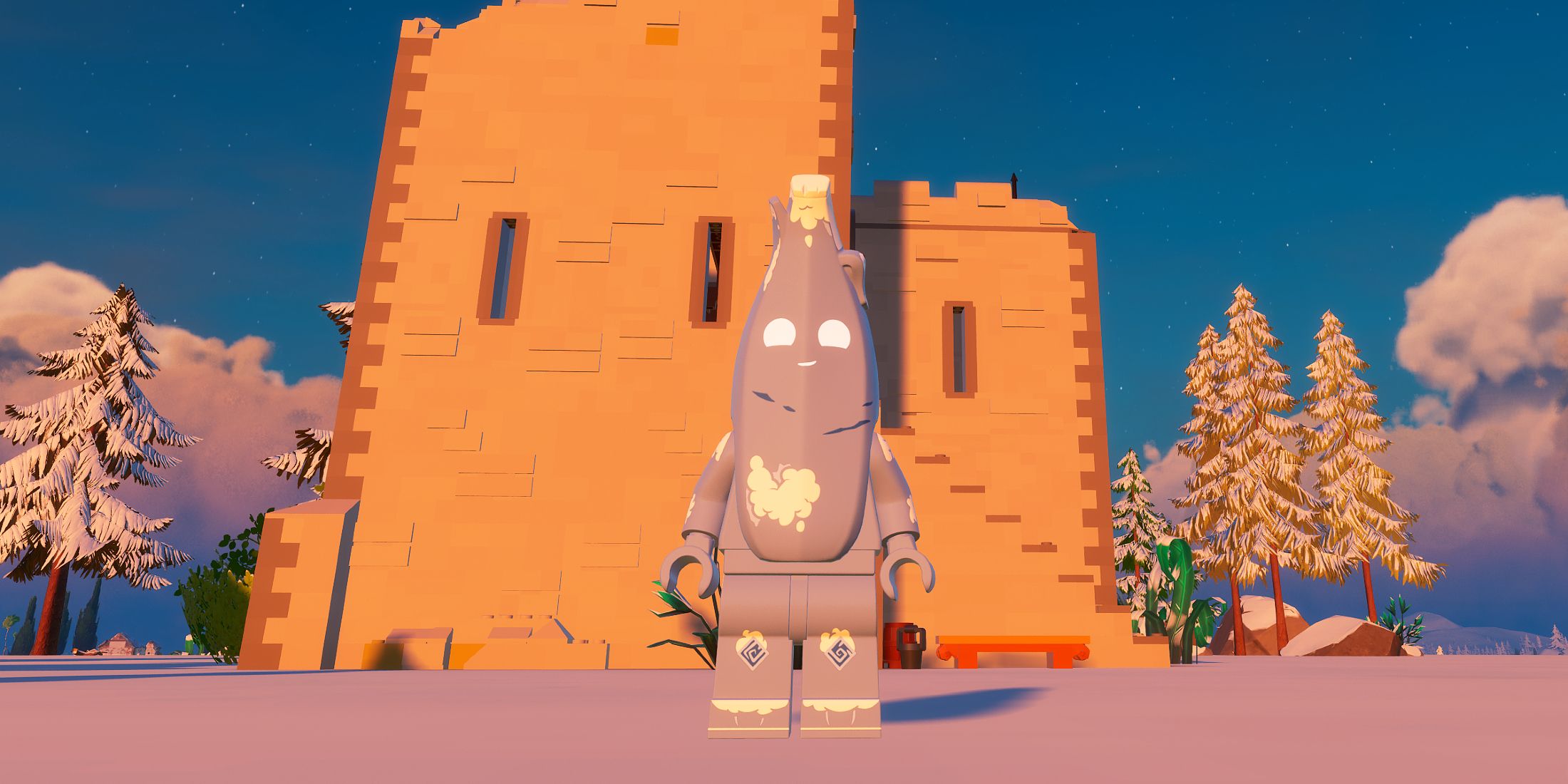 Screenshot showcasing Polar Peely in LEGO Fortnite's Sandbox Mode 