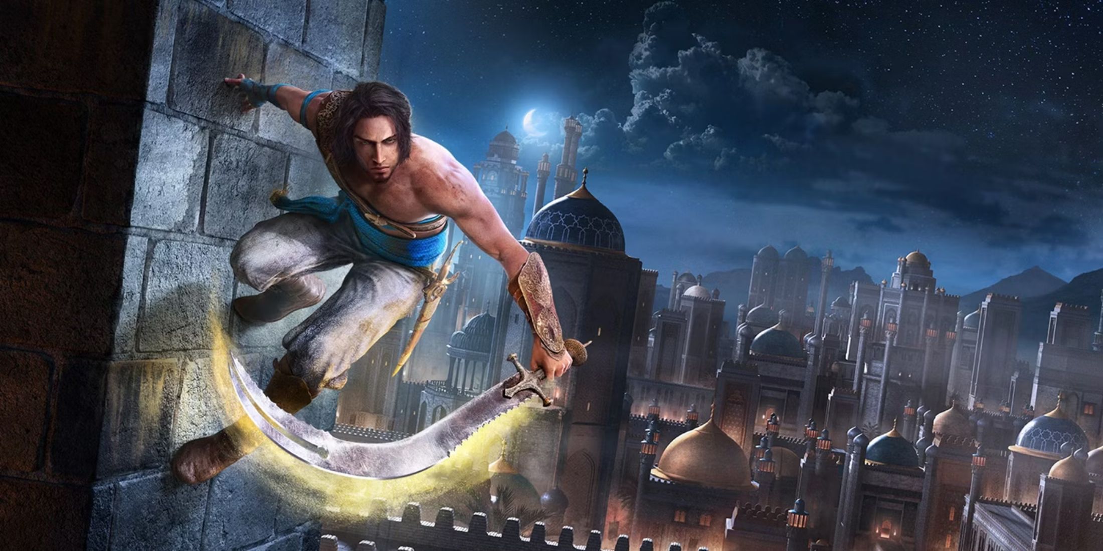 The Prince of Persia wall running in the middle of the night with the city in the background