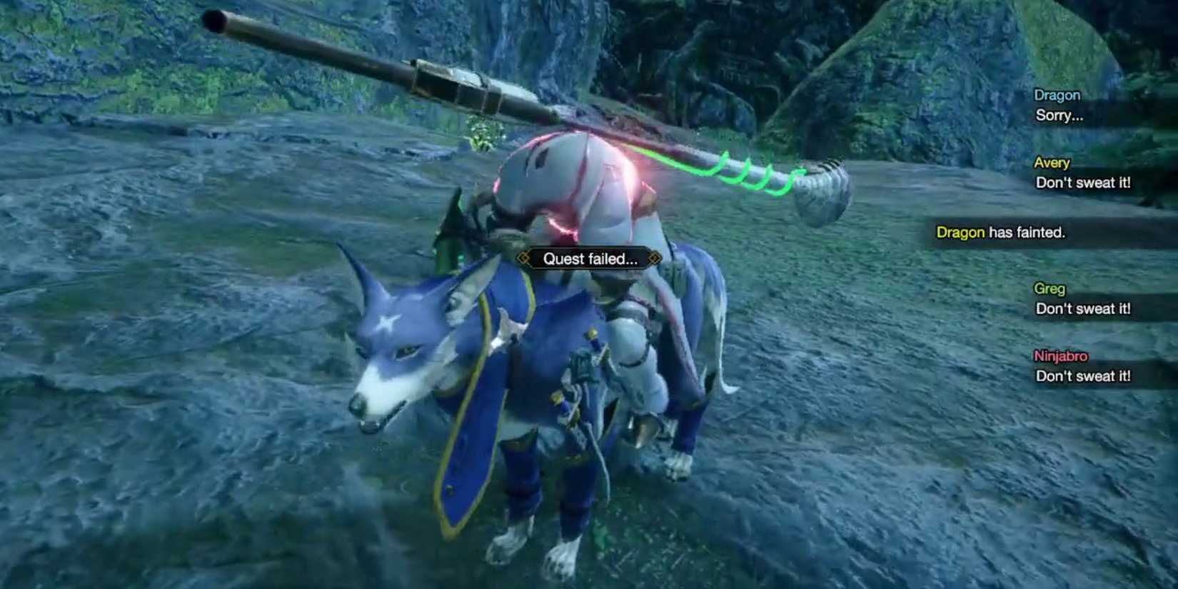 A hunter slumped on their Palamute after failing a quest