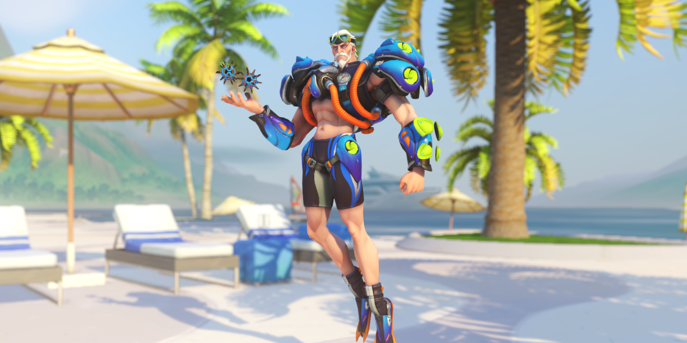 An image of the hero Sigma from Overwatch 2 with the Scuba skin equipped