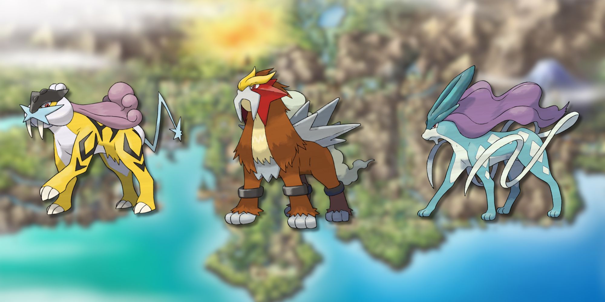 Raikou, Entei and Suicune in the Johto Region.