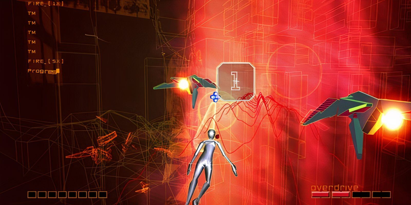 the player character from rez in a digital arena